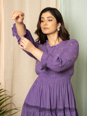 AAHELI RADIANT MEADOWS PURPLE COTTON KANTHA TIERED DRESS
