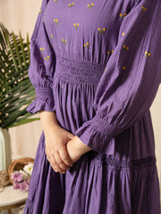 AAHELI RADIANT MEADOWS PURPLE COTTON KANTHA TIERED DRESS