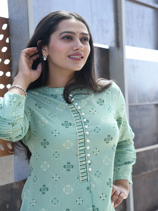 AAHELI GREEN PRINTED HANDWORK KURTA WITH PANT SET