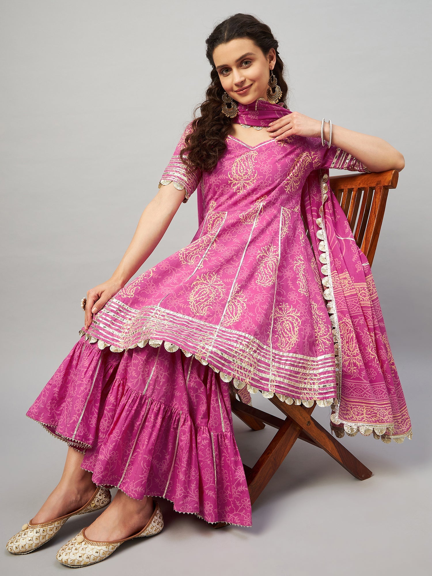 DARMIKA PINK BLOCK PRINTED FLARED KURTA-SHARARA & DUPATTA SET