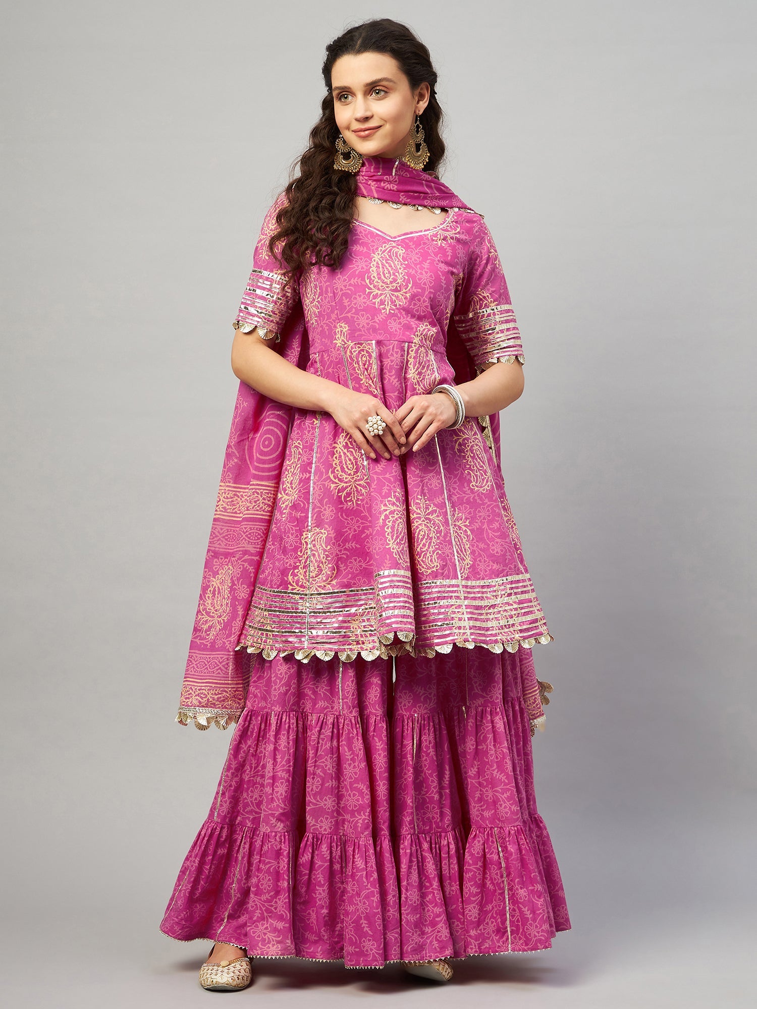 DARMIKA PINK BLOCK PRINTED FLARED KURTA-SHARARA & DUPATTA SET