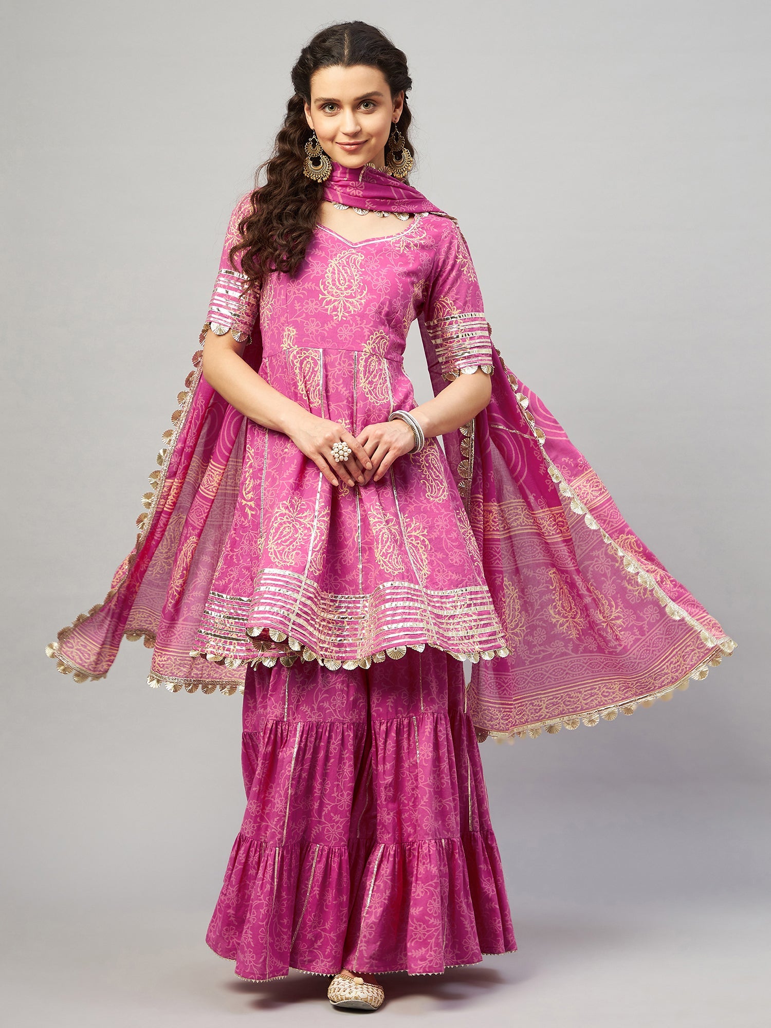 DARMIKA PINK BLOCK PRINTED FLARED KURTA-SHARARA & DUPATTA SET