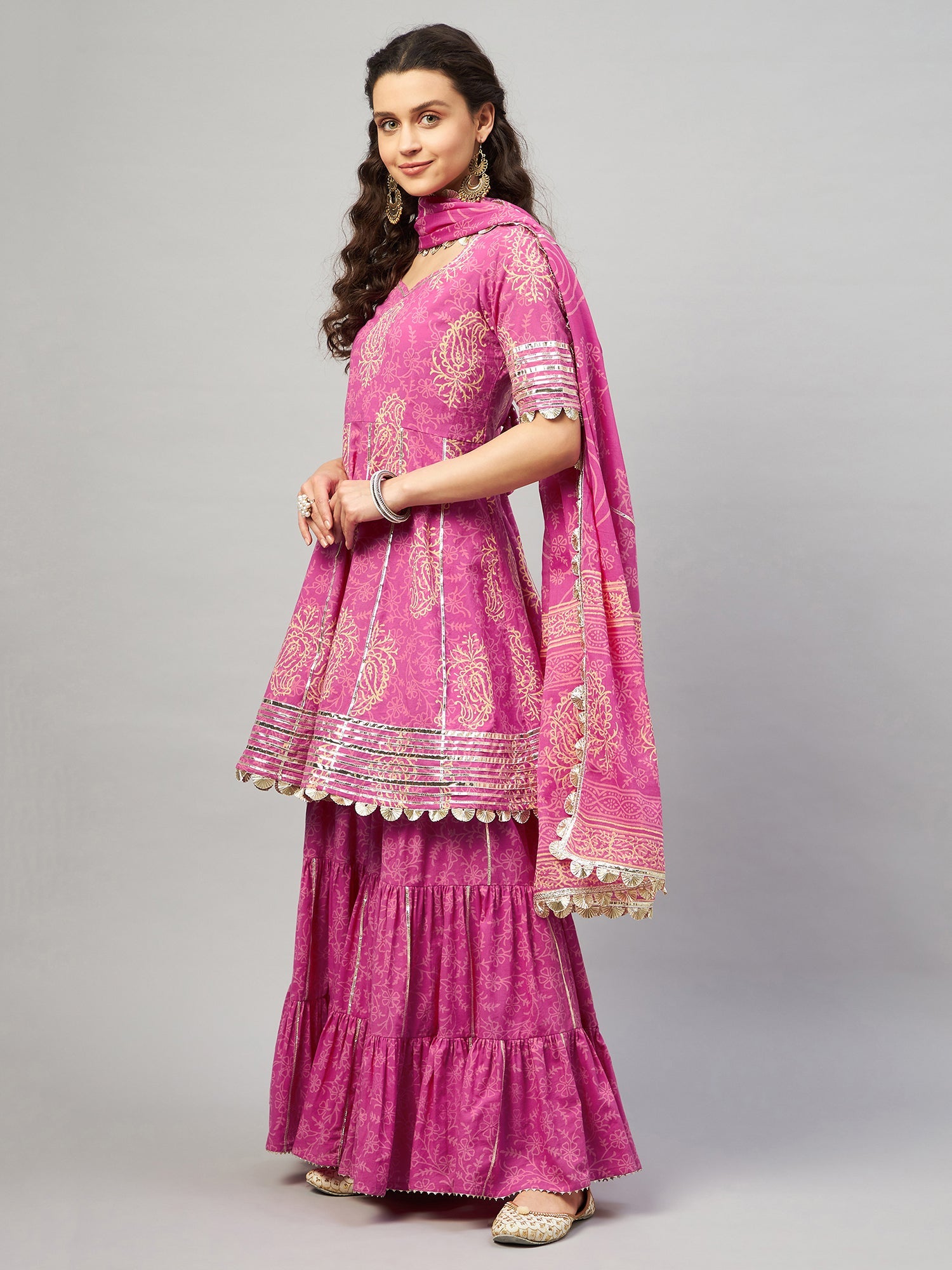 DARMIKA PINK BLOCK PRINTED FLARED KURTA-SHARARA & DUPATTA SET