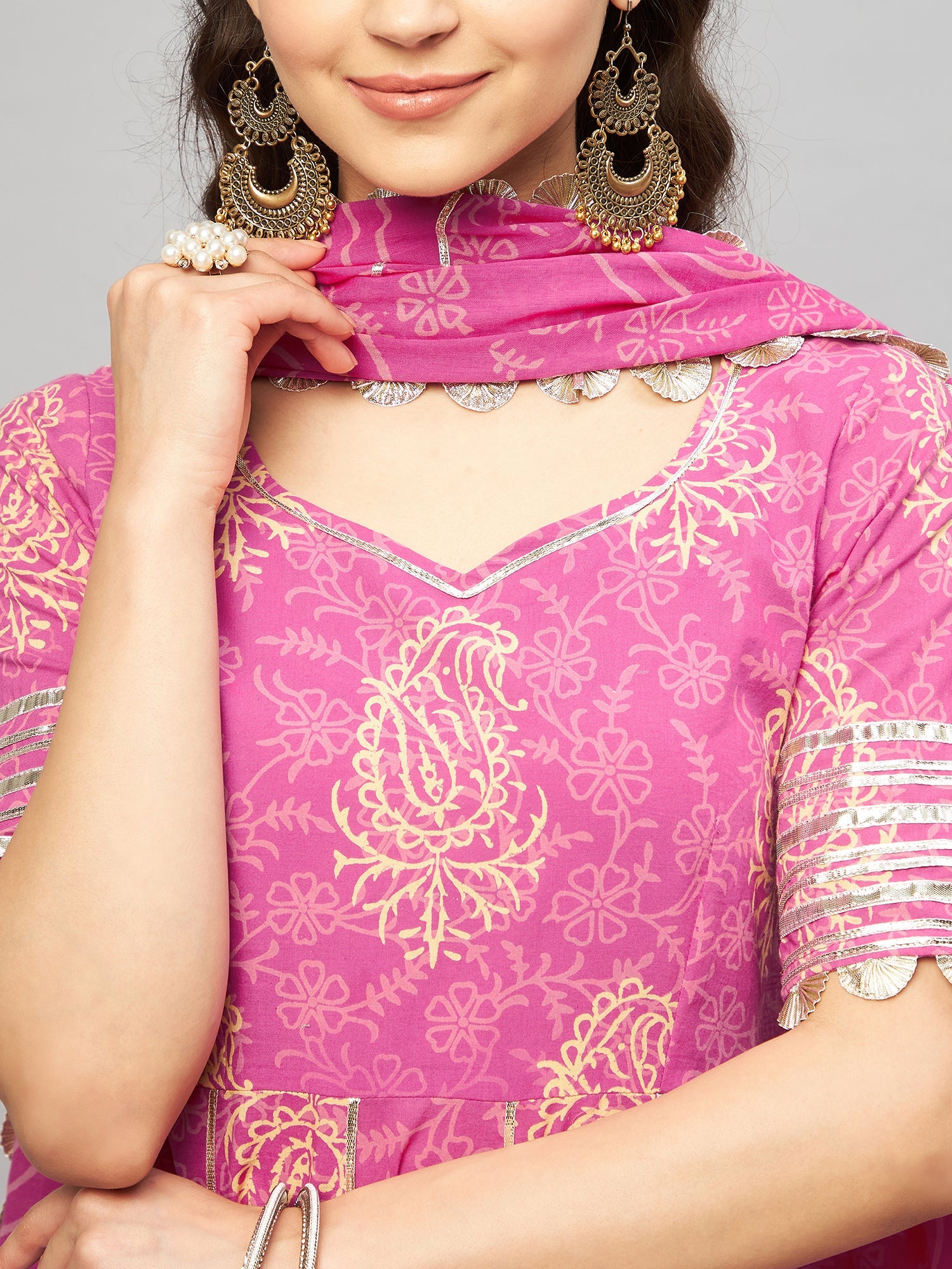 DARMIKA PINK BLOCK PRINTED FLARED KURTA-SHARARA & DUPATTA SET