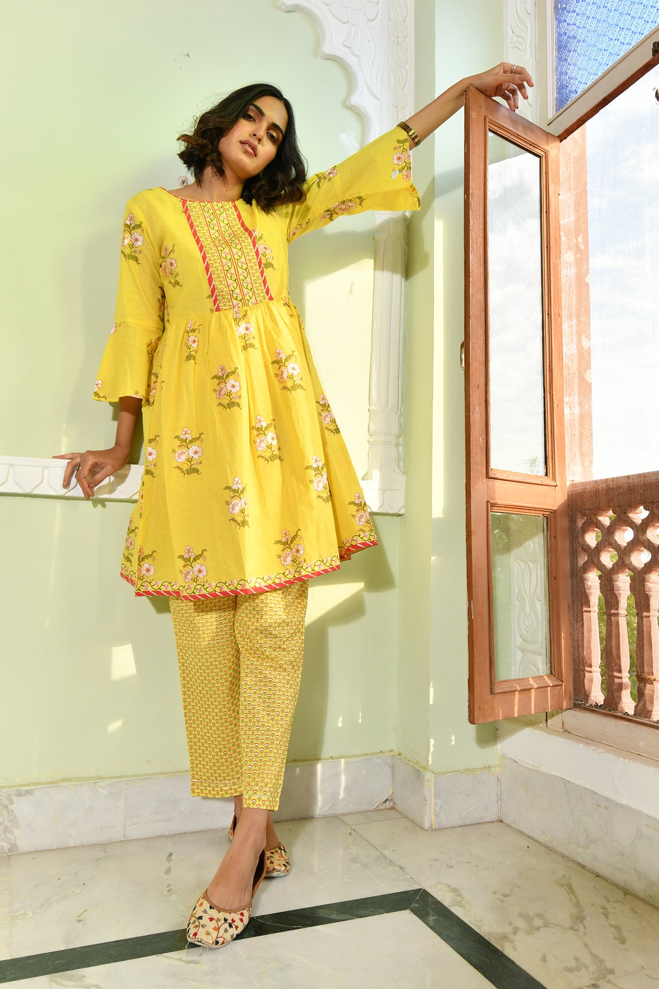 Buy LittleCheer Yellow Printed Panelled Frock Kurta Pant Set For Girls  Online  Aza Fashions
