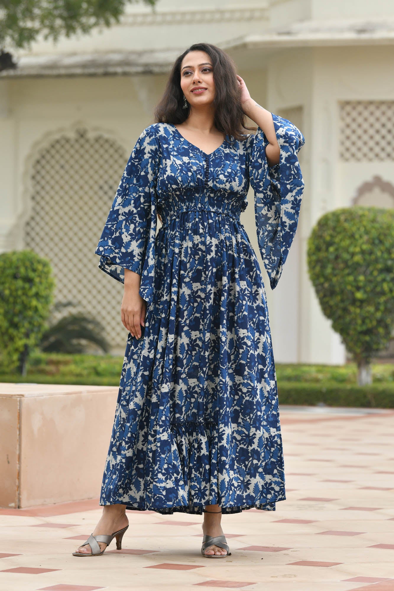 FLORAL NAVY-BLUE PRINTED FLARED DRESS